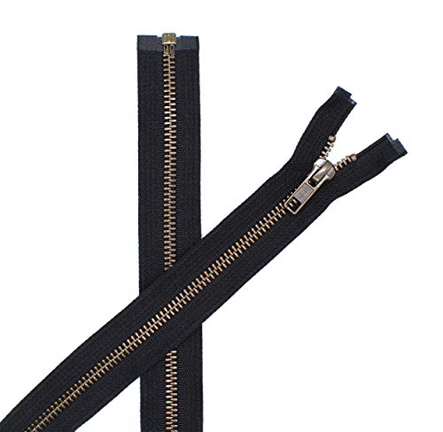 Jacket Zippers - YKK #5 Antique Brass - Metal Teeth Separating - Black - Made in The USA. (Pack of 5) (36" Inches)