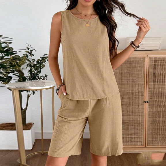 Haivin Women's Round Neck Tank Top and Capri Pants Set with Pockets, Casual Comfort for Daily Wear and Leisure Activities
