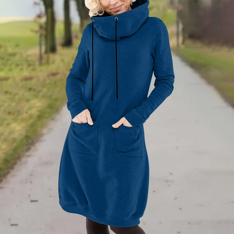 Winter Dresses for Women Casual Dresses Long Sleeve Hooded Short Dress with  Drawstring Loose Fit Midi Dresses Fall Winter