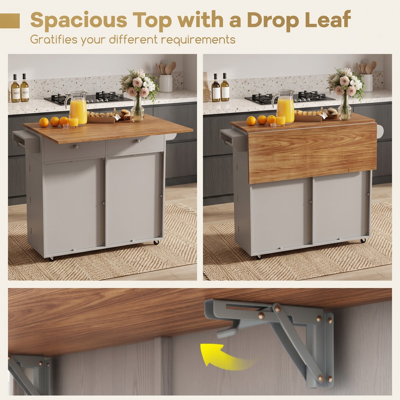 Furnibear Rolling Kitchen Island with Trash Can Cabinet, Drop Leaf Kitchen Cart with 2 Drawers, Spice and Towel Rack, Rubber Universal Wheels for Dining Room, Grey