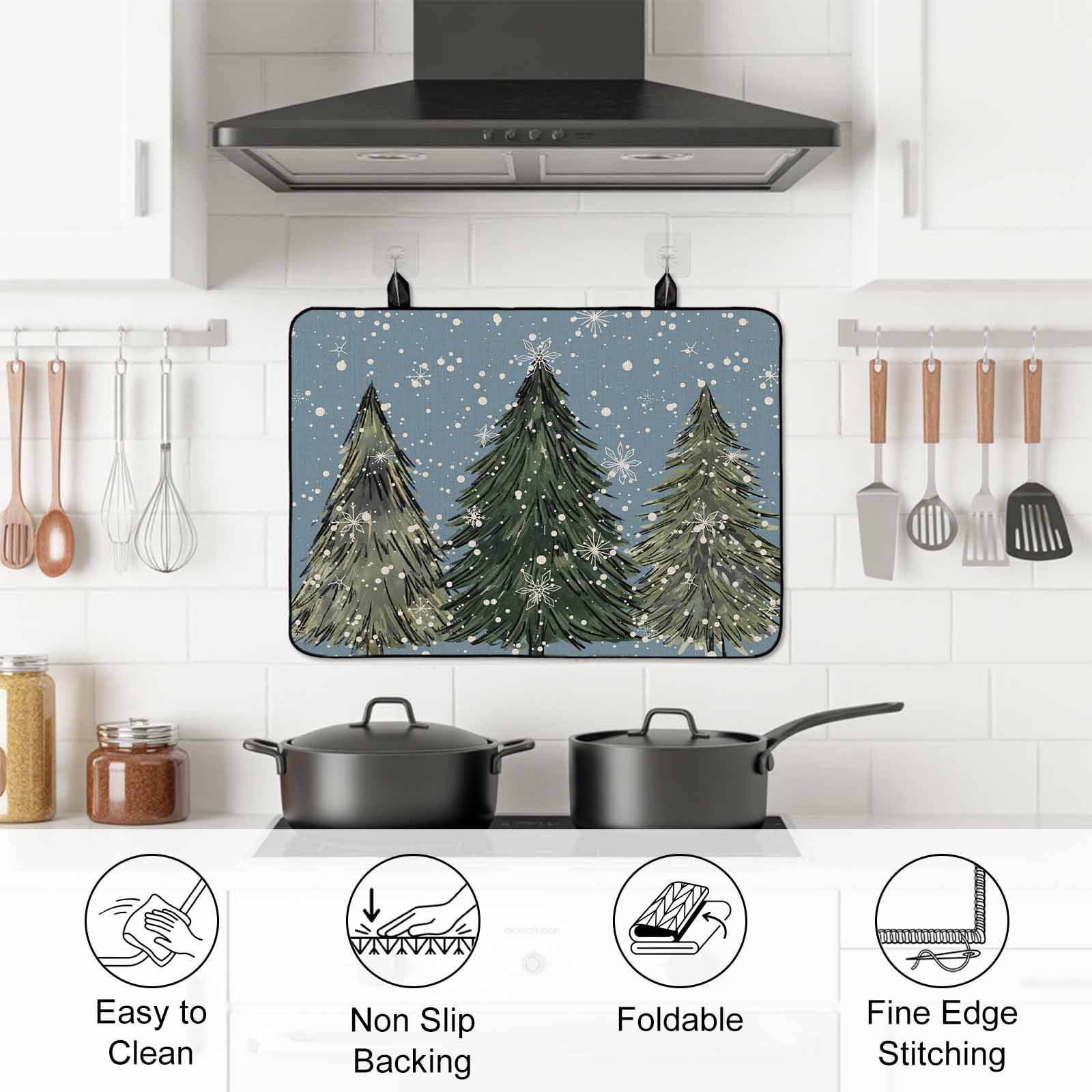 Blue Christmas Tree Stove Top Cover for Electric Stove, Heat-proof & Non Slip Glass Top Stove Cover Protector, Green Xmas Tree Snowflake Kitchen Flat Cooktop Rubber Mat 24x21 Inches