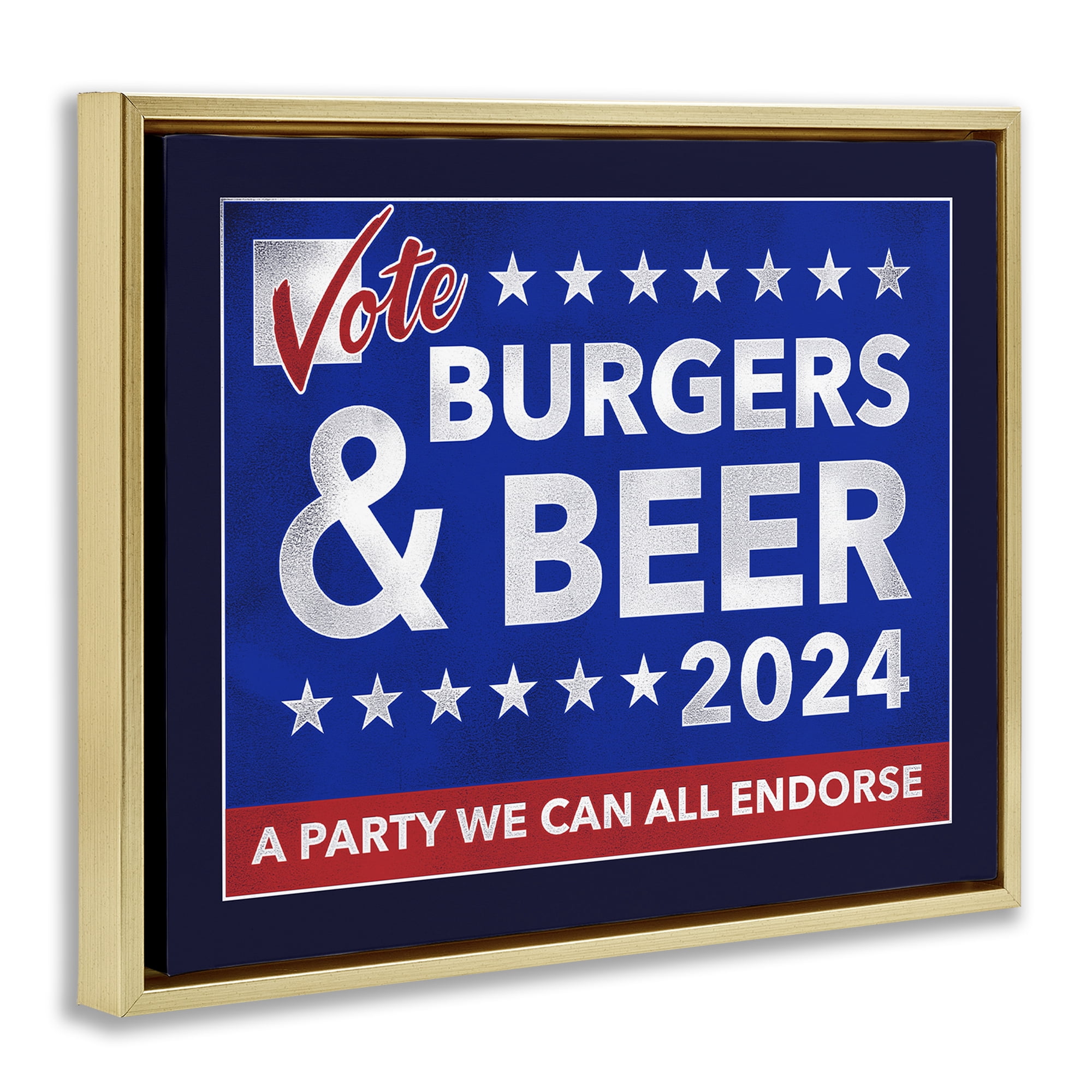 Stupell Industries Burgers & Beer Vote Food & Beverage Painting Gold Floater Framed Canvas Art Print Wall Art, 21 x 17