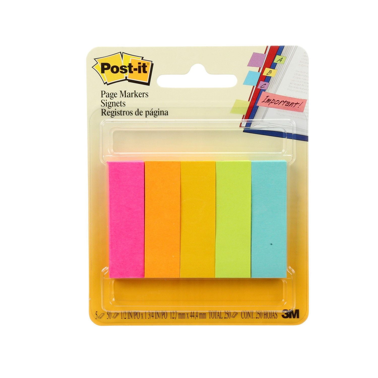 Post-it® Page Markers, assorted fluorescent, 1/2 in x 2 in (1.3 cm x 5 cm)