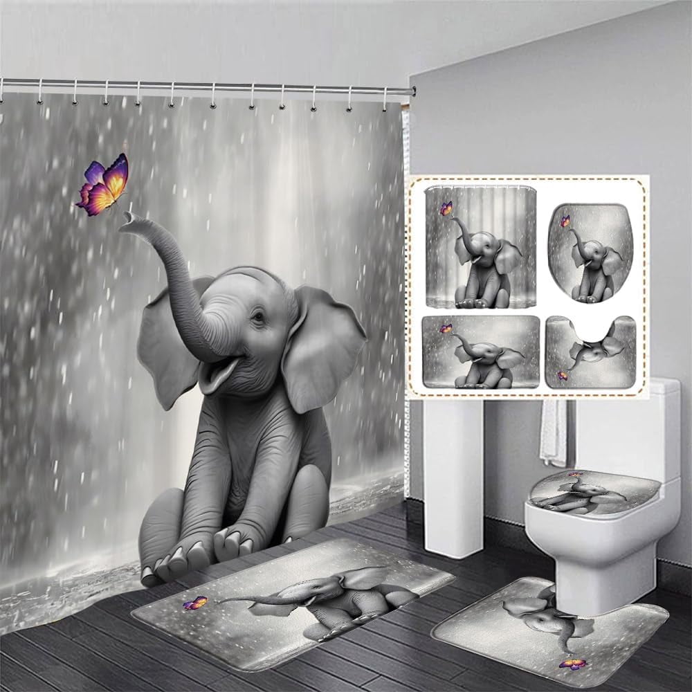 4Pcs Cute Elephant Shower Curtain Sets with Bath Rug U Shape Mat and Toilet Lid Cover Grey Animal Butterfly Funny Wildlife Modern Kids Bathroom Decor Curtains Set with 12 Hooks