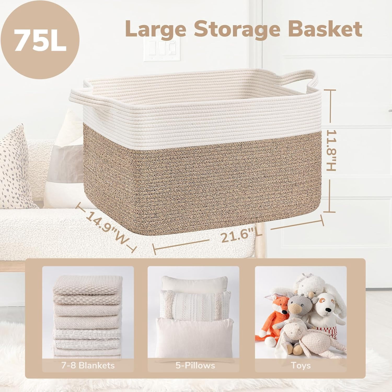 Large Rectangular Woven Cotton Rope Basket 21.6×14.9×11.8 in White Brown Storage Bin for Blankets Toys Bedroom Living Room