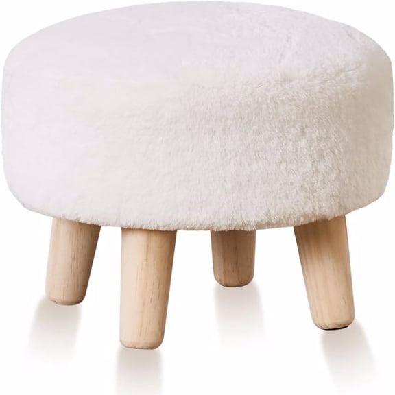 Round Mushroom Footstool Ottoman – Rabbit Wool Upholstered Small Stool with Solid Wood Legs, Cute Shoe Changing Stool, Step Stool, Sofa Footrest for Living Room & Bedroom White