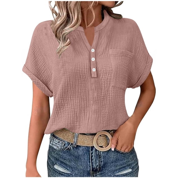 PADFRYBK Short Sleeve T-Shirt For Women Summer Button Pullover Solid Color Casual Tops V-Neck Tunic Loose Blouses With Pocket