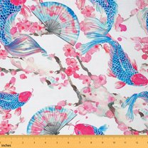 Homewish Blue Dreamy Fish Fabric by the Yard 2 Yards for Adult, Blossoms Flower Floral Sewing Fabric, Japanese Style Fabric for Sewing, Luxury Bedroom Decor