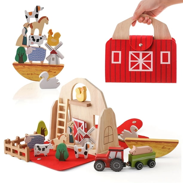 18 Piezas Juguetes de de Animales Granja,Juguetes Madera Apilables para Niños Pequeños,Juguetes de Rojo, Juego Simulación de Granja, Regalo de Cumpleaños