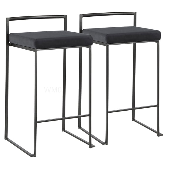 Modern Stackable Bar Stools Set of 2 with Velvet Cushion, Black Counter Height Stools for Kitchen Island