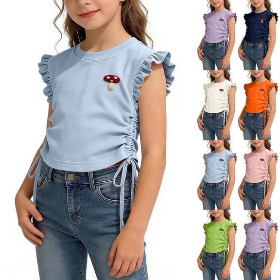 Hrsba Girls T Shirt Solid Color Short Sleeve Ruffle Crew Neck Top With Drawstring For Girls Casual Summer Soft Lightweight Cute Fashion Top