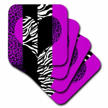 Coaster Zebra - 3dRose Purple Black and White Animal Print - Leopard and Zebra Heart, Soft Coasters, set of 4