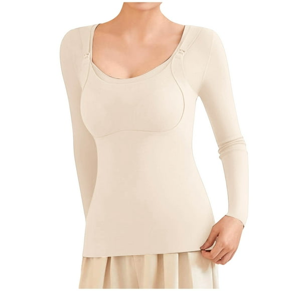 MIASHUI Women Warm Underwear Thermal Underwear Long Sleeve Base Layer Breastfeeding Nursing Bra OnePiece Warm Underwear Beige,XXL