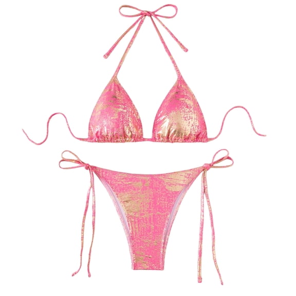 Hduncf Women's Metallic Shiny Bikini Sets Sexy Halter String Triangle Swimsuits Two Piece Beach Bathing Suits Pink M