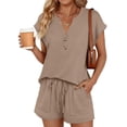 thumbnail image 2 of Lumtrix Womens Henley 2 Piece Short Set Summer 2026 Lounge Summer Beach Airport Travel Vacation Outfits Matching Sweatsuit with Pockets Khaki S, 2 of 7