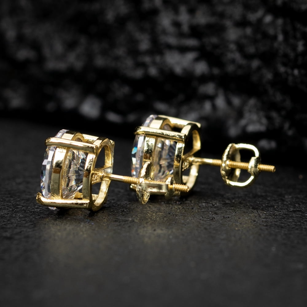Large Brilliant 925 Sterling Silver 14K Yellow Gold Plated Round Unisex Iced Cz Men's Women's Circle Screw Back Cubic Zirconia Solitaire Stud Earrings