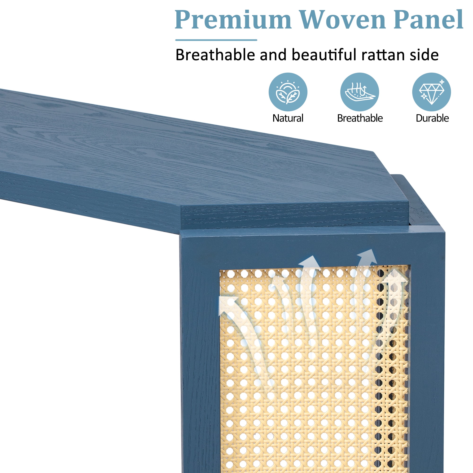 53.5'' Narrow Entryway Console Table with Unique Irregular Top Design, Entryway Table with Open Shelf, Rattan Sofa Entryway Console Table for Living Room Hallway and Entrance (Antique Blue)