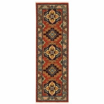 HomeRoots Red Gold Blue Brown Oriental Power Loom Stain Resistant Runner Rug With Fringe