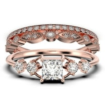 Anniversary Ring Minimalist 1.75 Carat Princess Cut Diamond Moissanite Engagement Ring, Dainty Wedding Ring in 10k Solid Rose Gold, Gift For Her, Promise Ring, Trio Set, Matching Band