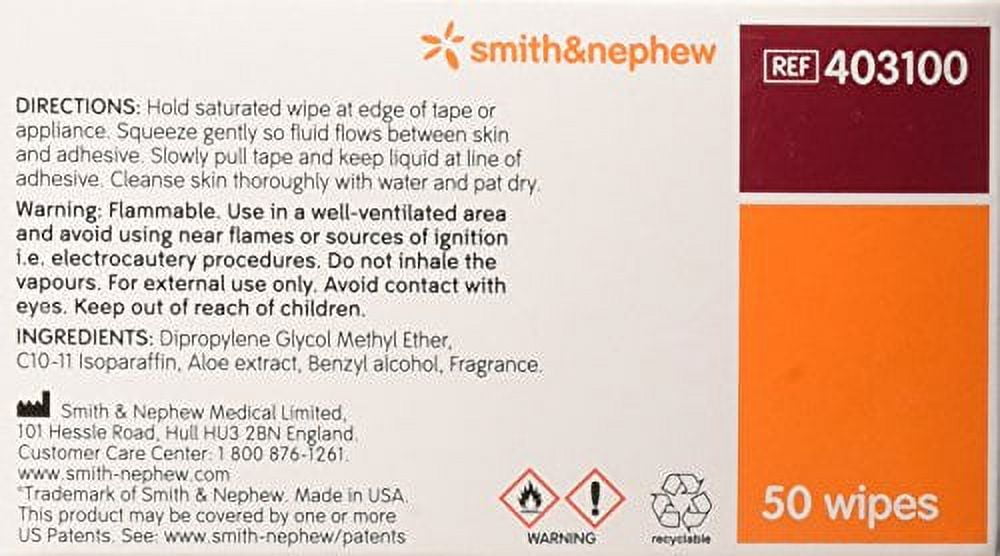 Smith & Nephew 403100 Remove Adhesive Remover - wipes, Box of 50 wipes
