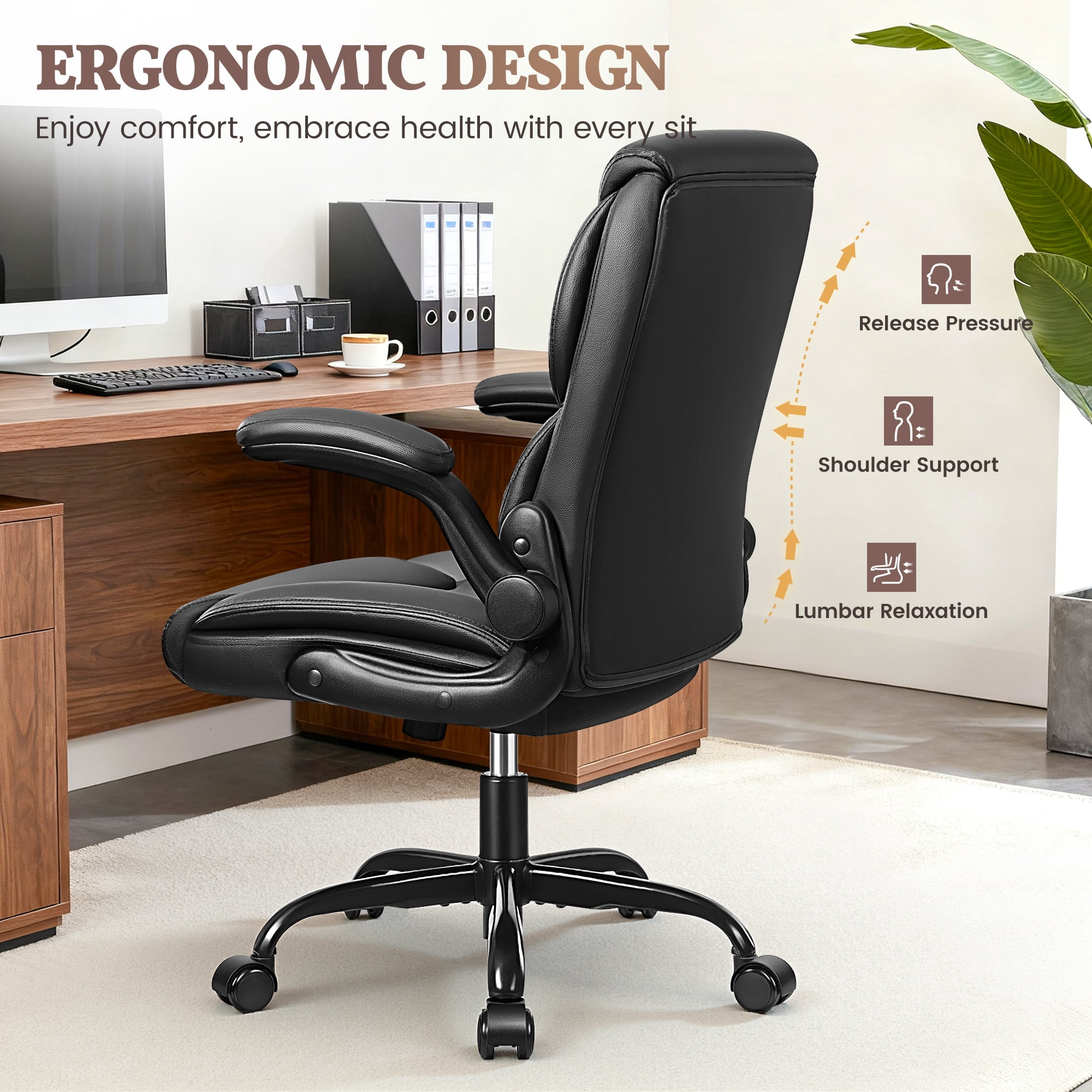 COOLHUT Leather Office Chair, Big and Tall Office Chair 400LBS Wide Seat Ergonomic Computer Desk Chair High Back Executive Leather Chair Adjustable Task Chair Lumbar Back with 8-Year Warranty, Black
