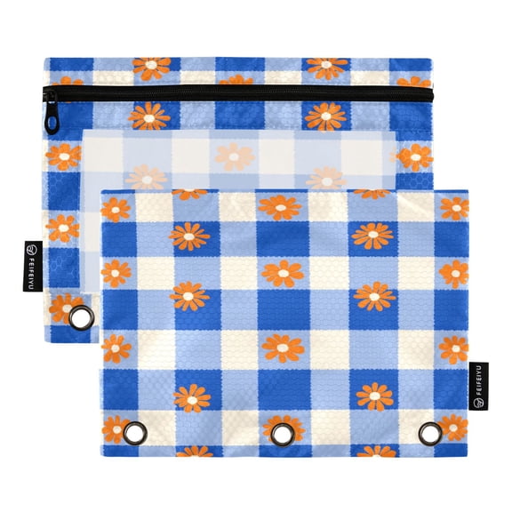 2 Pack 3 Ring Binder Pouch with Clear PVC Window Water Resistant Zipper Pencil Pouch Orange Flowers on Checkered Pattern Binder Pocket for Classroom Office Home Stationery Organization