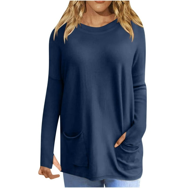 AherBiu Plus Size T Shirts for Women Long Sleeve Tops Casual Loose Basic Comfy Tees with Pockets
