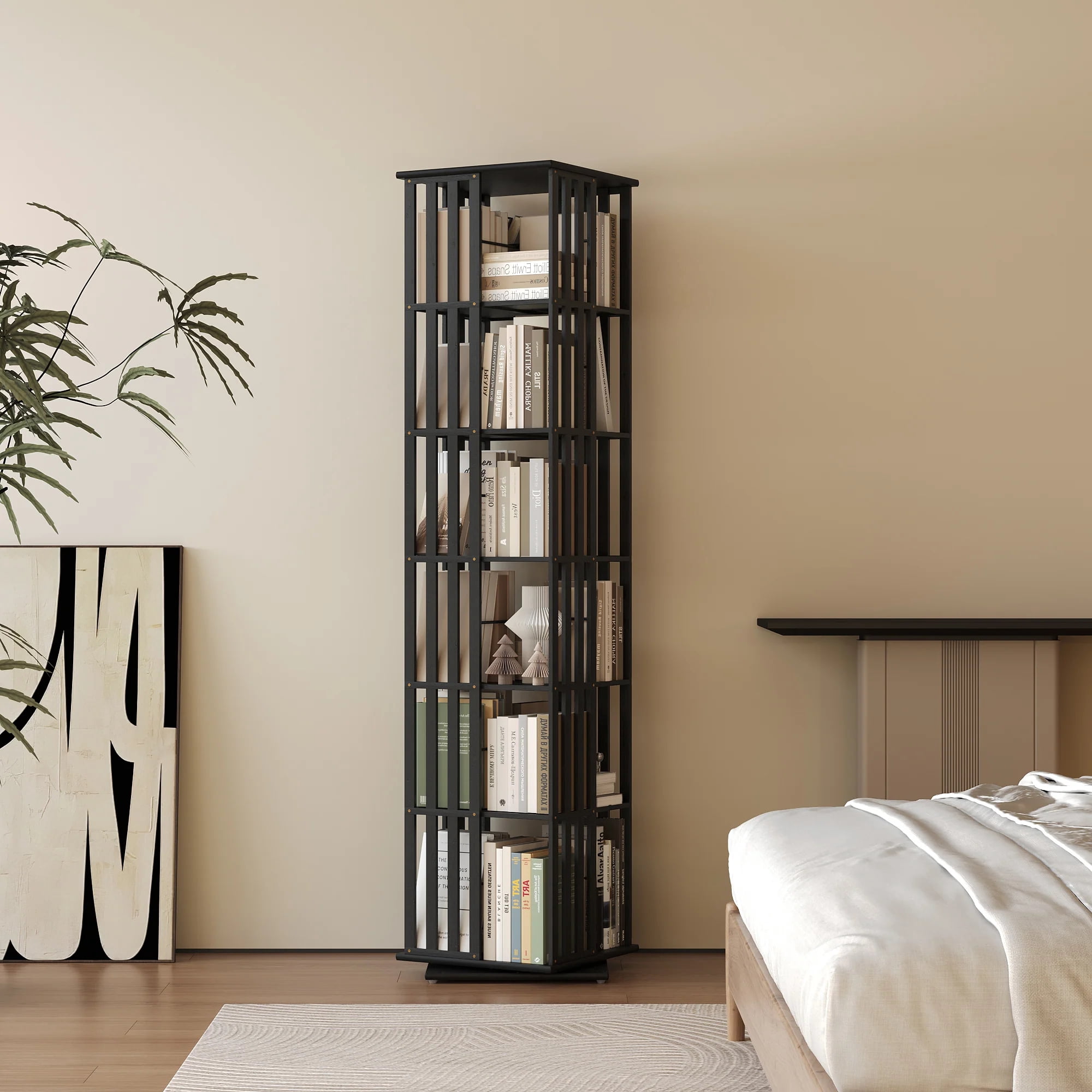 YOWOS 6-Tier Bamboo Rotating Bookcase Tower, 360° Swivel Corner Bookshelf with Display Organizer & Floor Storage Rack, Narrow Space-Saving Design, Black