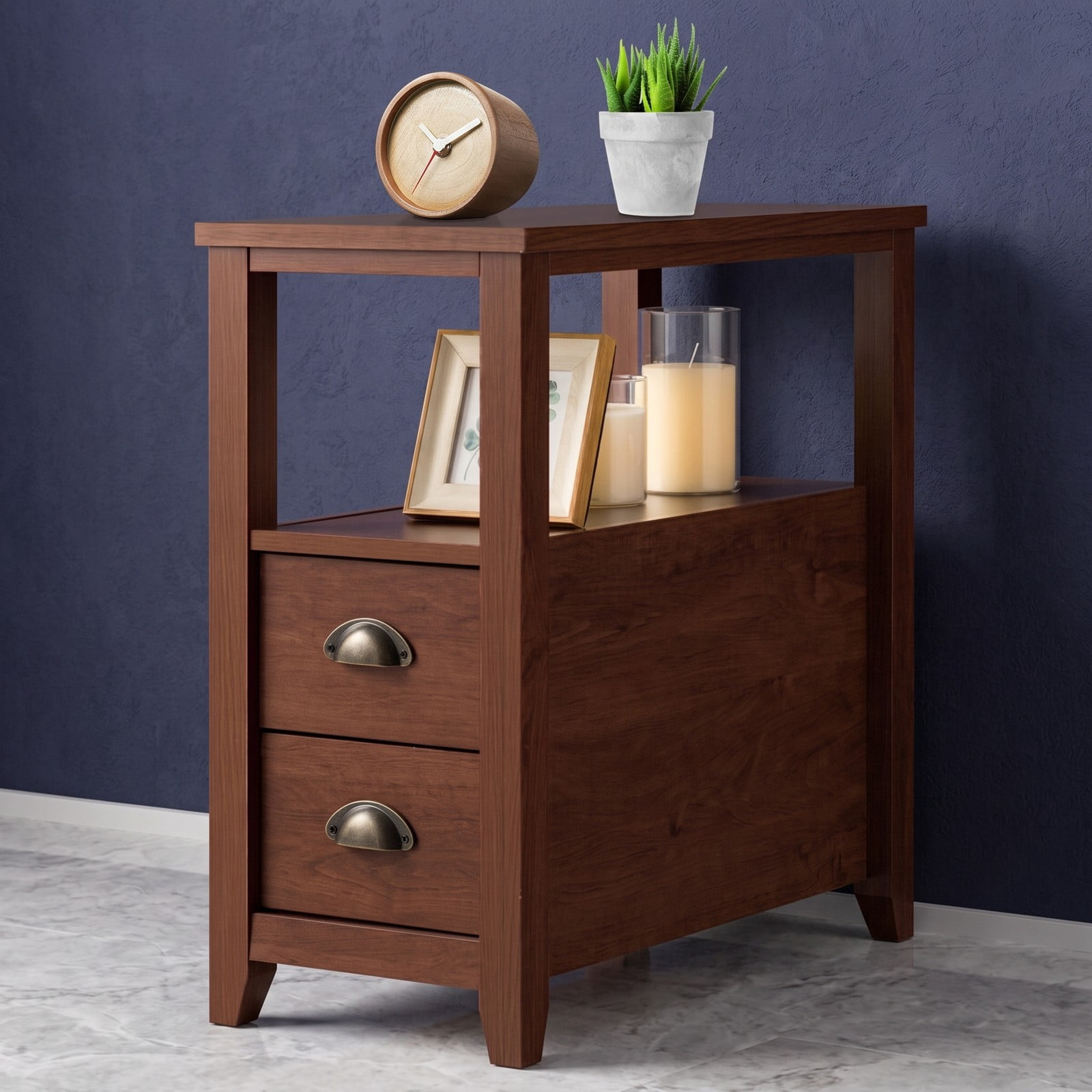 Furnibear Narrow Nightstand with 2 Drawers and Open Shelf Wooden Bedside End Table for the Bedroom and Living Room, Brown