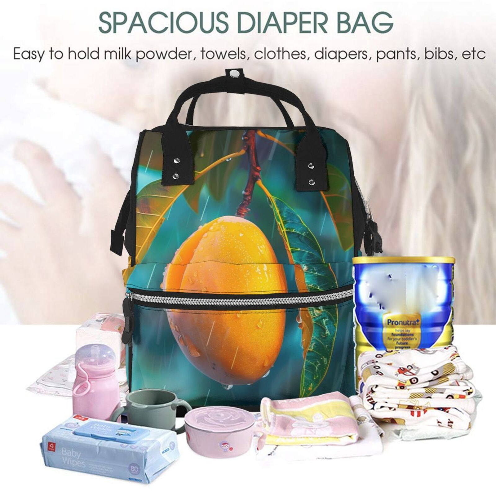 Fuzoiu Mango In The Rain Print Diaper Bag Backpack,Baby Essentials Travel Tote,Multi function Waterproof Diaper Bag, Travel Essentials Baby Bag - Unisex