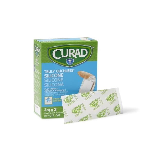 CURAD® Truly Ouchless!® Silicone Adhesive Bandages, Flex-Fabric Bandages, For Delicate Skin, 0.75 in x 3 in, 50 Count