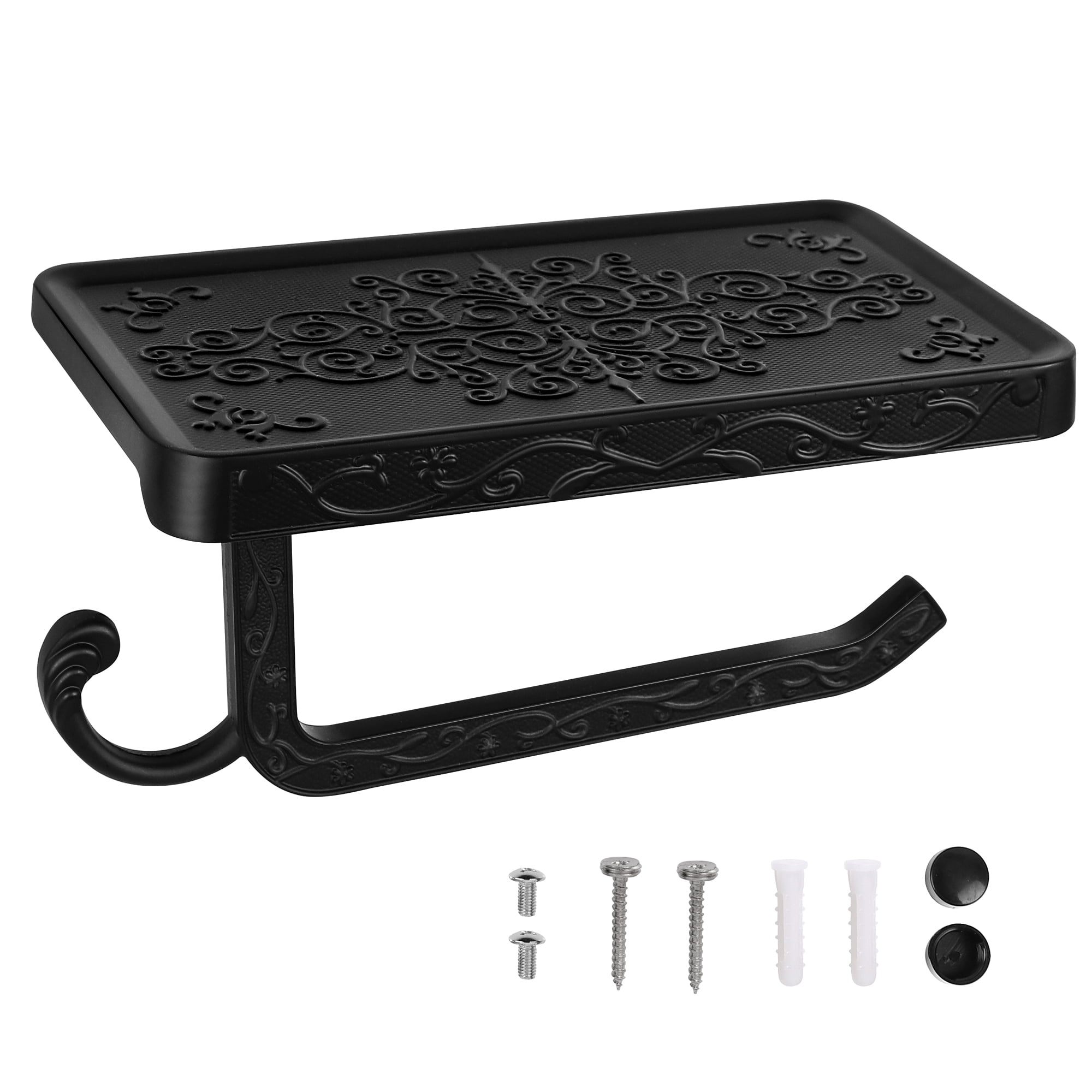 Unique Bargains Toilet Paper Holder with Phone Shelf Aluminum Alloy Roll Holder Black