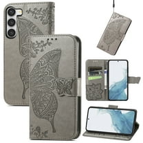 Allytech Samsung Galaxy A16 5G Flip Wallet Case, Luxury PU Leather [Butterfly & Flower Embossed] Magnetic Clasp Stand Case Built-in Card Slots & Cash Pocket, Shockproof Wrist Strap Case, Gray