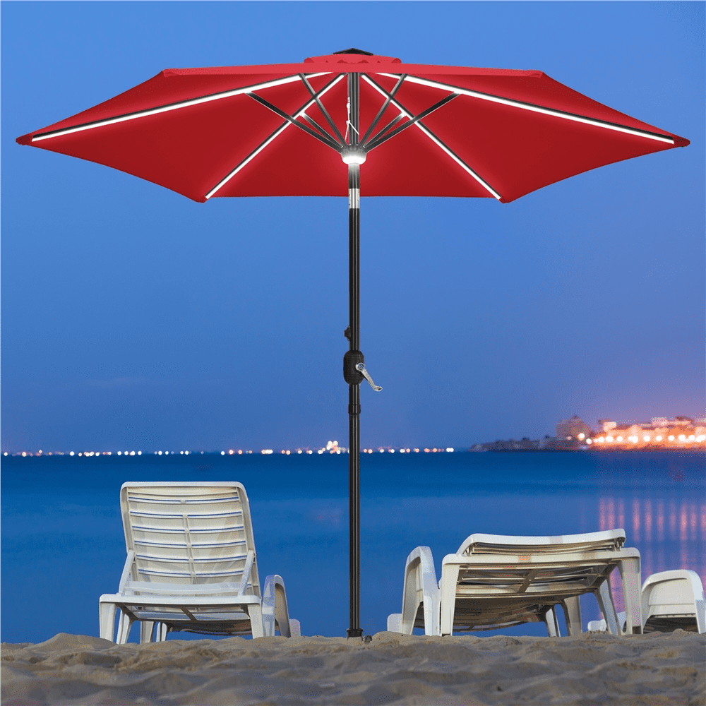 Renwick 9Ft Outdoor Patio Umbrella with Solar Powered LED Lights Strips, Red