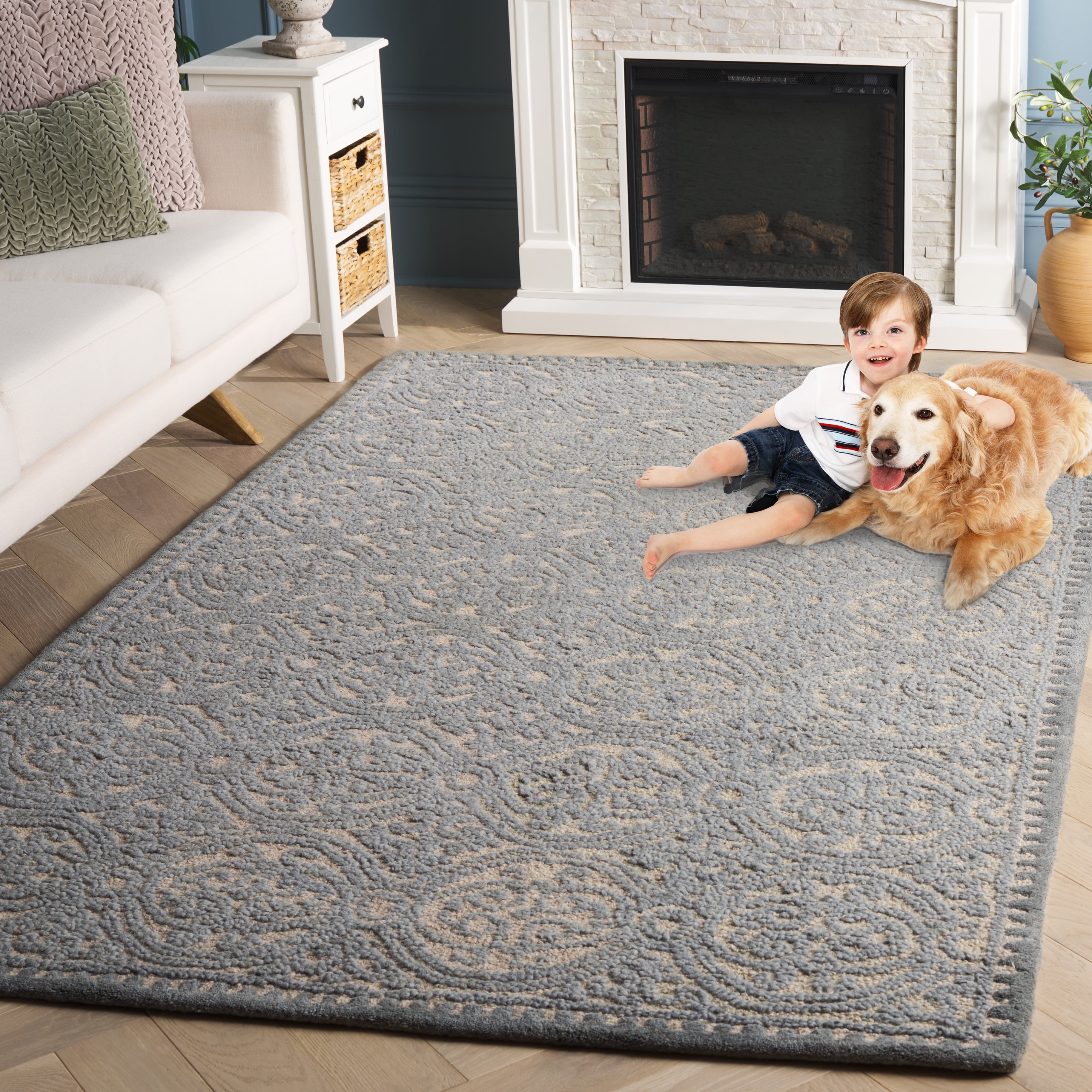 SAFAVIEH Cambridge Wade Geometric Wool Area Rug, Dusty Blue/Cement, 4' x 4' Square