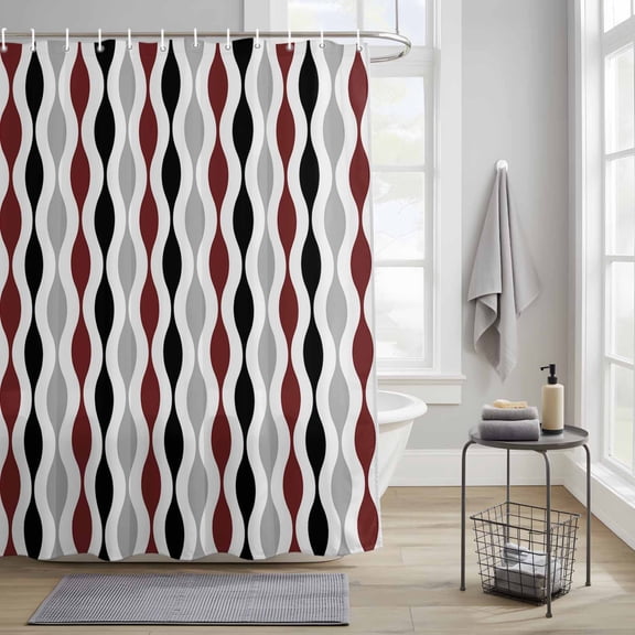 Bathroom Shower Curtain Mid Century Burgundy Red Ripple Waterproof Shower Curtains with Hooks, Grey Stripe Abstract Geometric Bath Curtains Bathtub Curtain Home Decor 36x72in