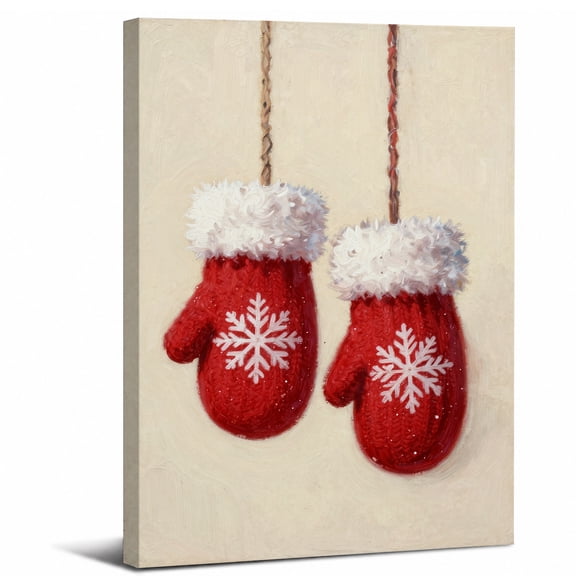 Christmas Mittens Canvas Wall Art Framed,Red Winter Mittens with Snowflake Landscape canvas print for bathroom bedroom or living room decor,8x12in