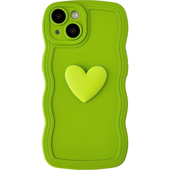 Cute 3D Love Heart Curly Wave Frame Soft Compatible with iPhone Case (Green,iPhone 14 Pro Max)