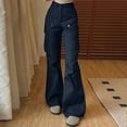 thumbnail image 3 of Arlun,Womens Flared Cargo Pants Trendy Straight Leg Solid Color Casual Basic Trousers Fall New Women's Button Closure Street Style Petite Tall Leisure Pants Black S, 3 of 4