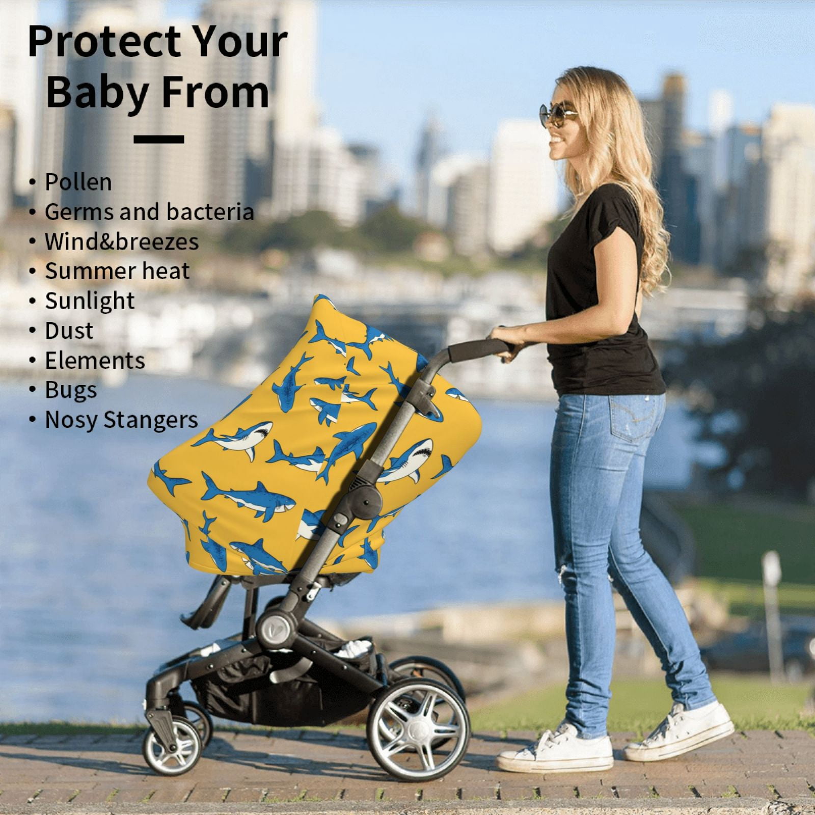 Fotbe Shark Print Pattern Car Seat Covers for Babies, Nursing Breastfeeding Cover Infant Carseat Canopy, Soft Stretchy Carrier Cover