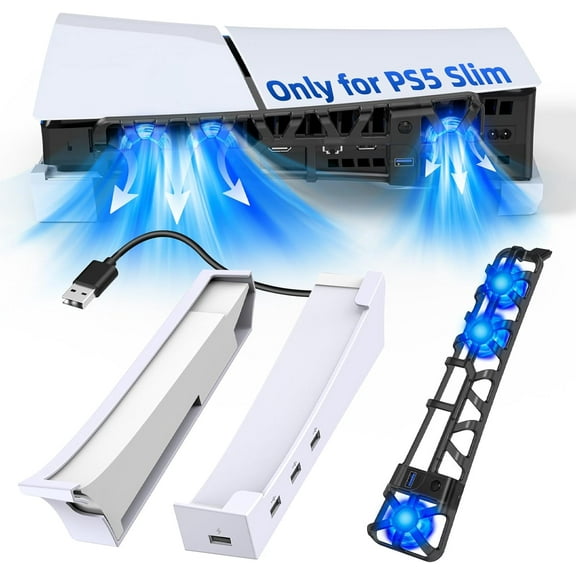 Horizontal Stand & Cooling Fan for PS5 Slim Digital/Disc, Controller Charger Station with 4 USB Hub, Separate Silent 3 High-Speed Fan with USB 3.0 Port & LED Light for PS5 Slim Console