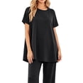 thumbnail image 5 of WIZUTIZ Women's Fashion Solid Color Round Neck Short Sleeve Elastic Waist Wide Leg Pants Loose Pajama Set Cozy Loungewear Soft 2 Piece Sleepwear, 5 of 5