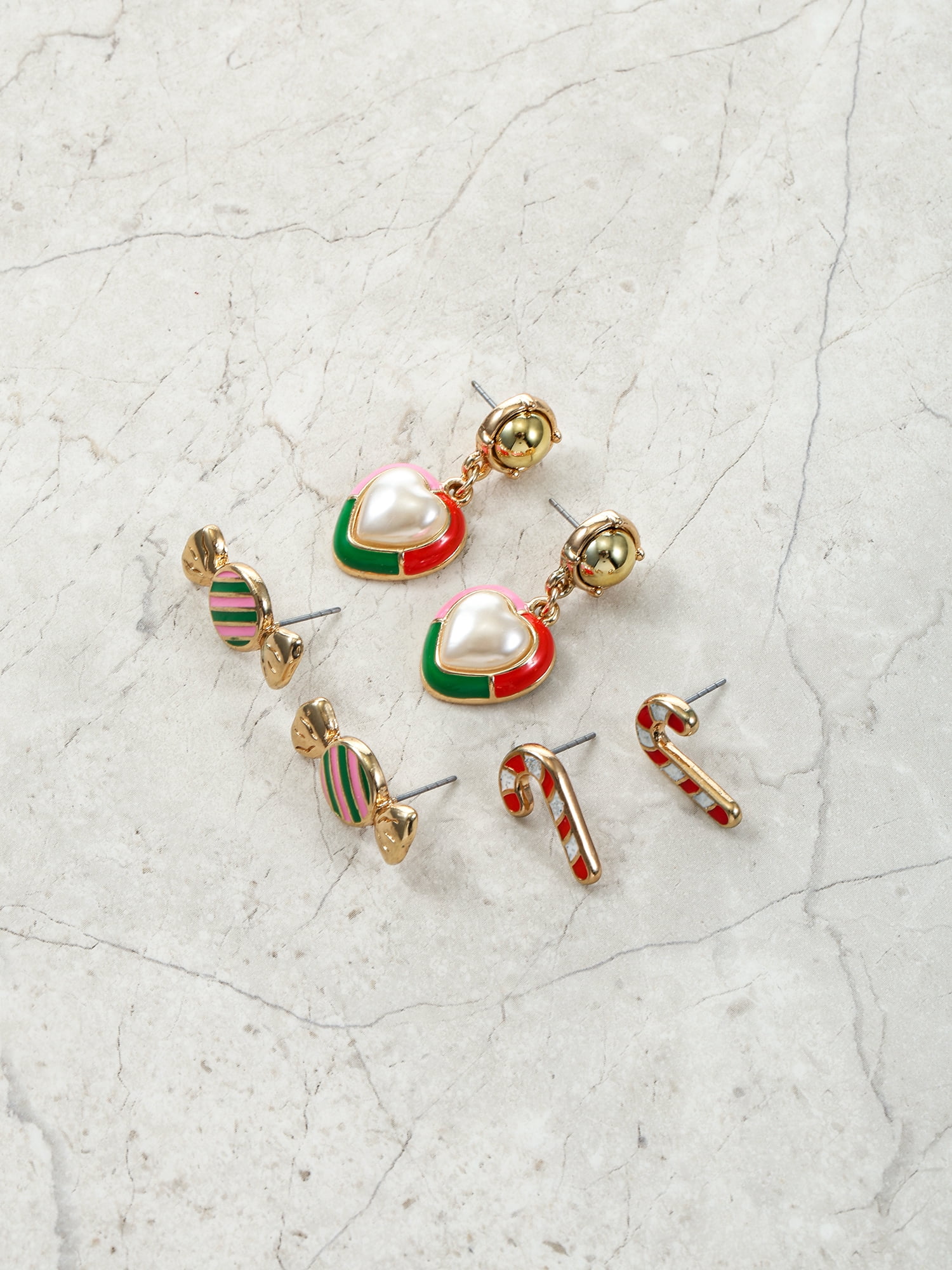 Holiday Time Candy Cane, Candy and Heart Motif Earrings, 3 Pairs