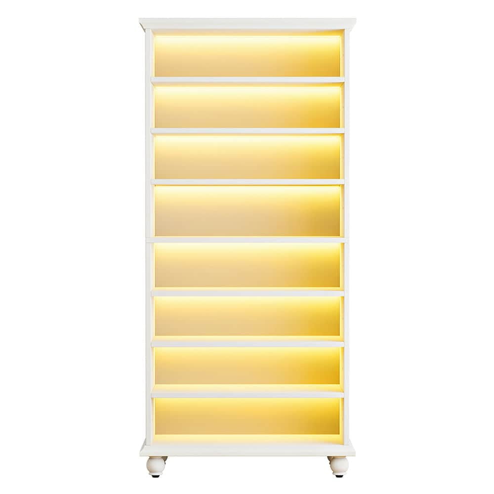Spaco 9-Tier Bookcase Wood Bookshelf with LED Lighting & Solid Wood Legs, Sturdy Bookcase for Indoor as Home, White