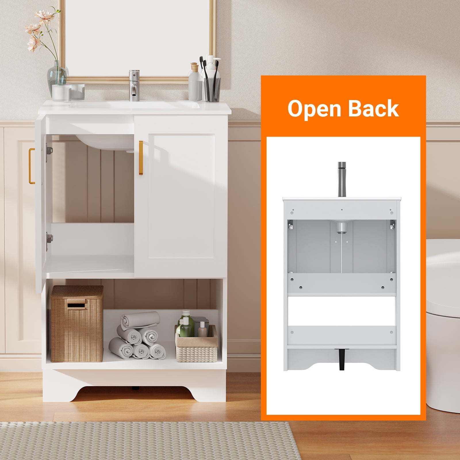 KZElegy 24 Inch Modern Bathroom Sink Cabinet Freestanding Vanity with Sink,2 Soft-Close Doors & 1 Open Shelf,Bathroom Storage Cabinet,White
