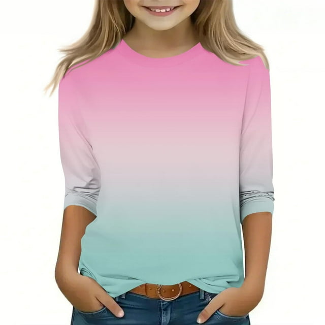MKOSPLRT T-Shirts à Col Rond pour Enfants Manches 3/4 T-Shirts de Détente T-Shirts Tendance Dégradé Y2K T-Shirts Légers pour Sortir Cadeaux pour Fille