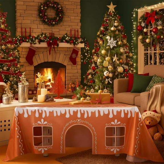 Lorve Gingerbread House Christmas Tablecloth,Christmas Gingerbread Playhouse,Xmas Tablecloth Square Gingerbreads House Holiday for Kitchen Dining Party Home Decor (59 inch × 71 inch)