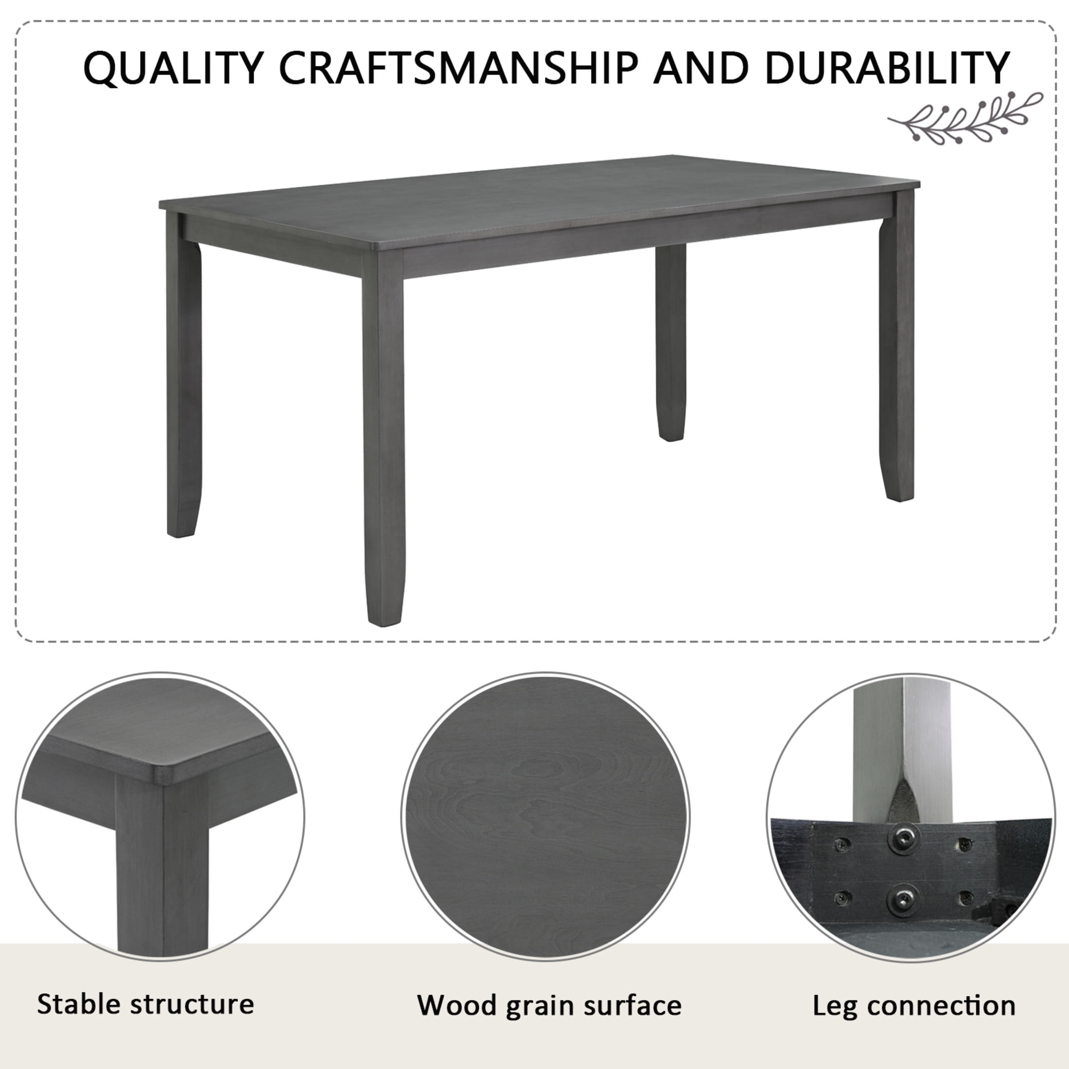 Noble House Modern Dining Table Set for 6 with Bench and Leather Upholstered Chairs, Wood Frame, Gray
