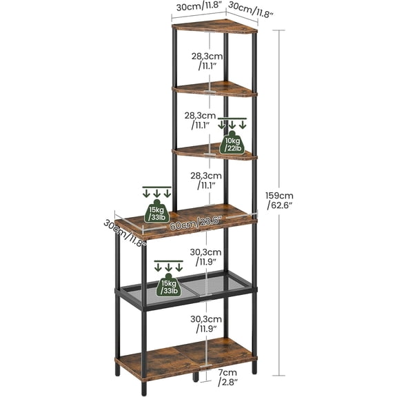 6-Tier Industrial Corner Bookshelf with Desk Top, Rustic Brown and Black Storage Shelf for Small Spaces