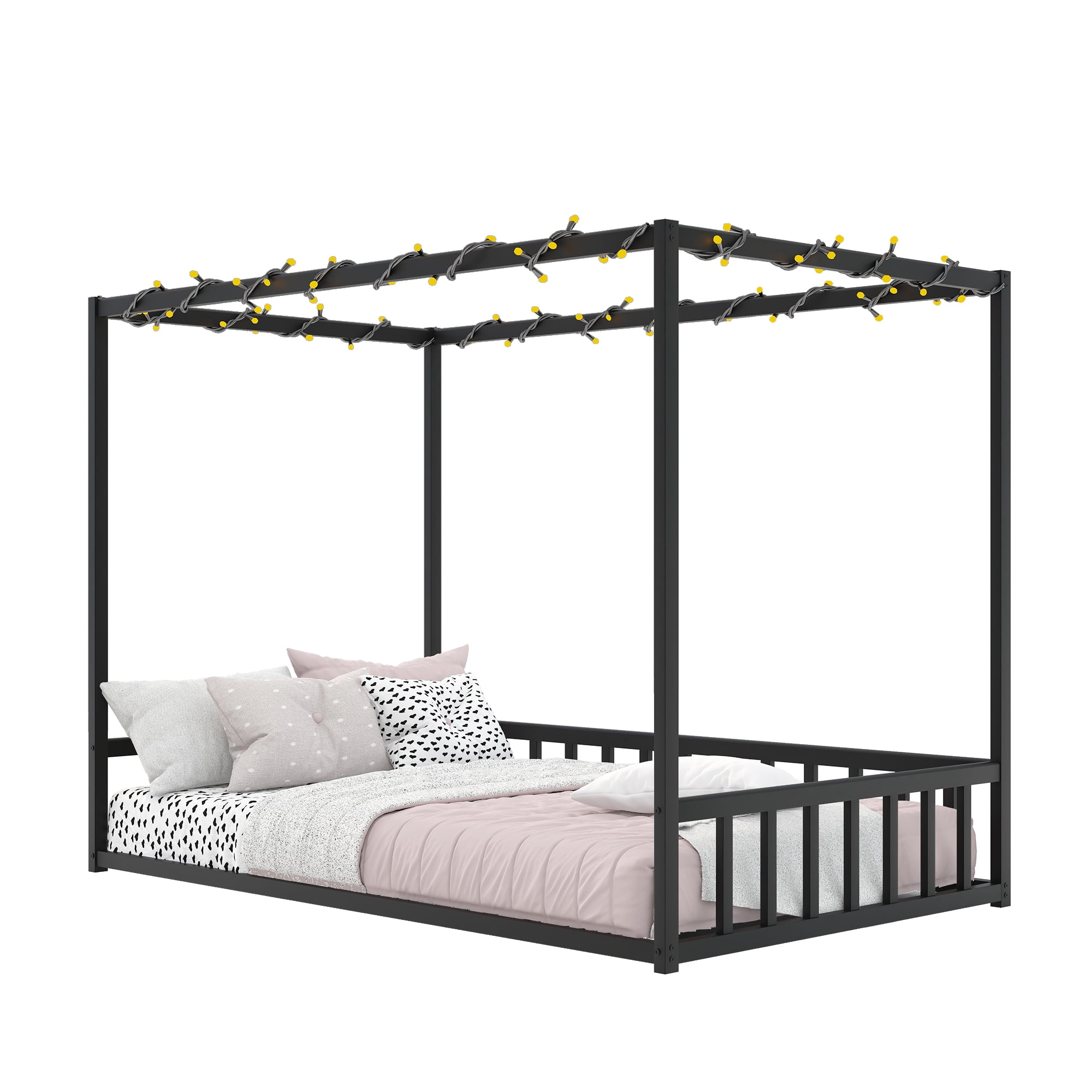 Mintazer Twin Size Kids Sunshade Floor Bed Frame with Guardrails, Canopy Floor Bed for Low Profile, Black